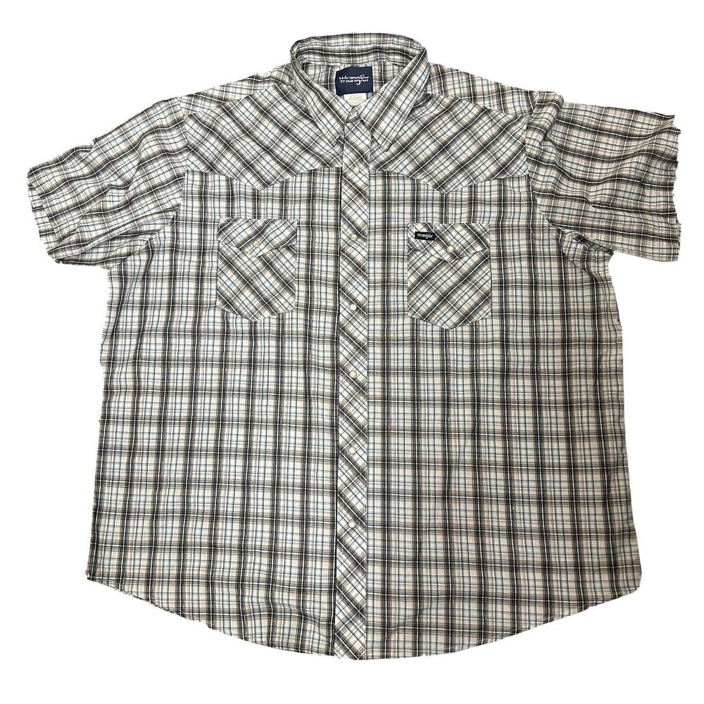 Wrangler Vintage Pearl Snap Shirt Mens 2XL Blue Plaid Short Sleeve Western